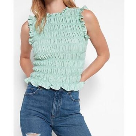 Express Tops - Express | Mint Green Allover Smocked Ruffle Tank Top Blouse | Size Small